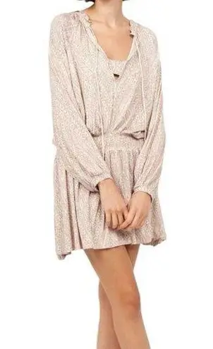 NWT Soft Joie Suki Long Sleeve Geo Print Smocked Waist Pullover Mini Dress Large Tan