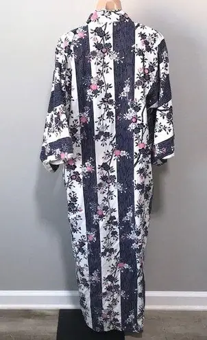 Stripe Floral House Robe Dress Kimono Navy White Pink Medium