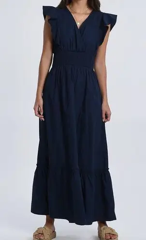 Molly Bracken NWT Tiered Cotton V-Neck Maxi Dress Navy Blue Size Medium