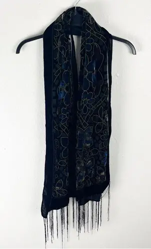 Soft Silk Blend Floral Velour Velvet Fringe Trim Scarf, One Size