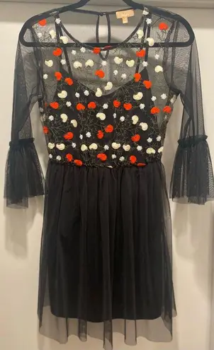Takara Black Mesh Overlay Red Floral Embroidered Knee-Length Short Tulle Dress