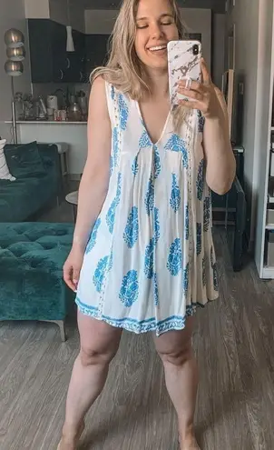 Nectar Clothing Boho Blue and White Cottagecore Leaf Tunic Dress Size XS