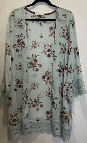 Rewind  XXL‎ Sheer Sage Green Floral Kimono Cardigan Crochet Trim Boho Beach NEW thumbnail 1