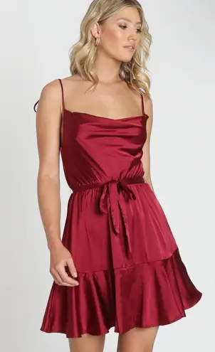 Showpo Like You Never Know Dress In Wine Satin 