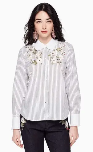 Kate Spade Floral Embroidered Striped Ruffle Top XL Button Up Cotton Preppy White