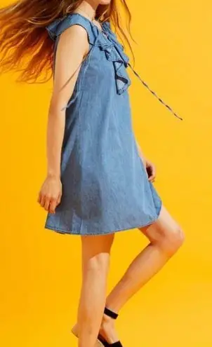 Ethereal boutique Lace Up Frill Neck Chambray denim Dress sz small
