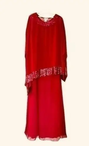 Miss Cristina red chiffon 2pcs dress set long dress with sequin hem cape XL NWOT