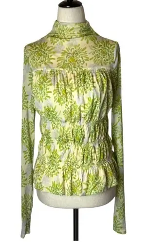 Rebecca Taylor Shirt Women Small Green Ivory Floral Mock Neck Quilted Look Top