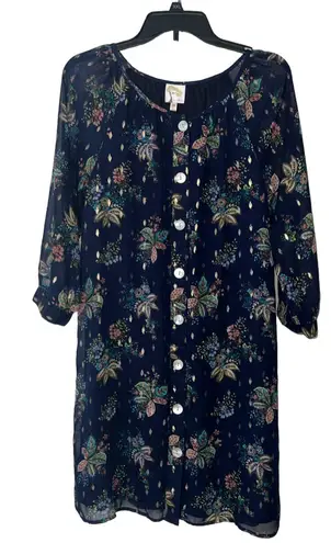 Euc Fig And Flower Shift Dress Womens Blue Floral Lined X Button Front Sz med