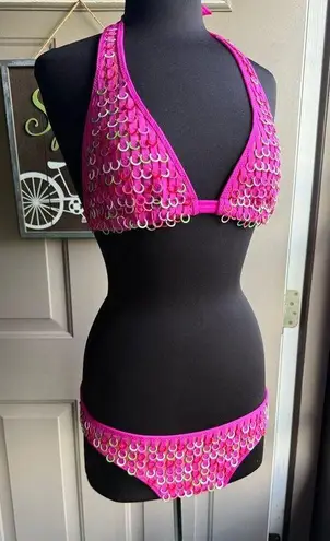 Vintage Y2K Rosa Chá hot pink colorful metal rings bikini, size large