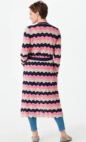 Laurie Felt Pointelle Knit Maxi Cardigan Duster Sweater Navy Pink Tan Size XXS