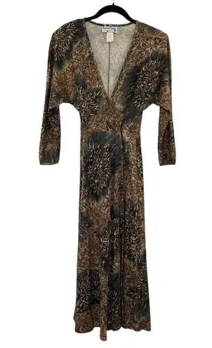 Vintage Bernie Blue Wrap Maxi Dress Structured Shoulders Dolman Sleeve Small Tan