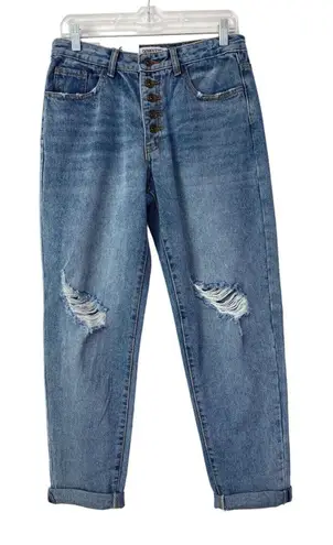 NWT Distressed Button Fly Mom Jeans Jrs Size 9 Boho Trendy Grunge Casual Skater Blue