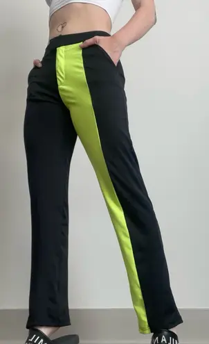 High Waist Color Block Black Pants with Neon Green Stripe Size XS