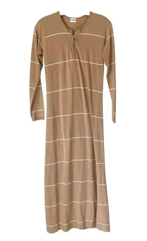Marimekko Tan White Long Cotton Maxi Henley Dress size large long sleeve