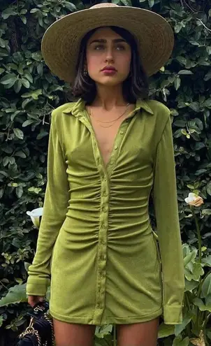 With Jean  Andy Mini Dress Long Sleeve Button Ruched in Green X-Small Gently Used - Image 1
