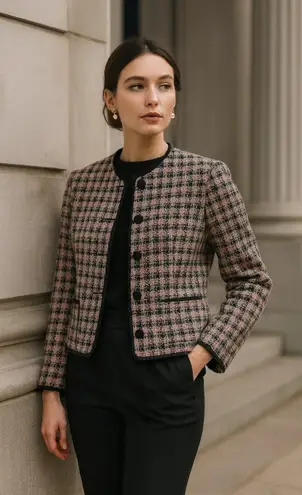 Koret Old Money Editorial Romantic Blazer Jacket size 10 Pink Black Lace Trim