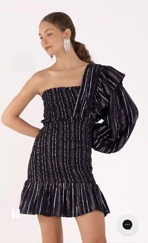 Farm Rio Lurex Stripes Mini Dress Medium NWT Smocked One Shoulder Sparkle