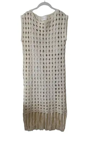 Eleven Six Crochet Midi Dress White Lotus Quiet Luxury Resortwear Tan