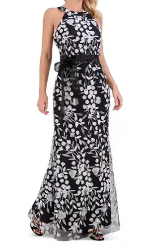 Eliza J Women's 3D-Floral Tie-Waist Halterneck Gown Black White Sz 14