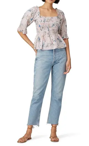 Saylor Clover Pink Floral Print Smocked Square Neck Puff Sleeve Top Size S