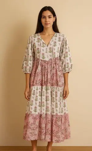 Growkrati block print Indian cotton dress XS White