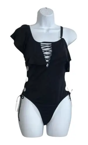 Sexy Black Ruffle One Piece Swimsuit Size M Asymmetric Neck Criss Cross Lace Up Black Size M