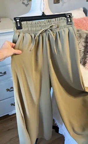 High Waist Wide Leg Palazzo Culottes Loose Pants Womens Small Olive Green Tan