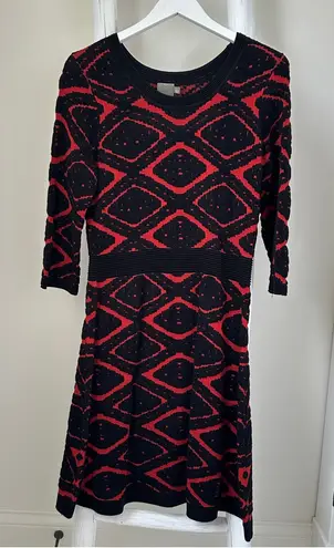 Taylor Fit and Flare Black and Red Geometric Long Sleeve Sweater Dress Size L Size L