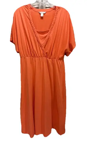 White Stag White Stag Orange Midi Dress Size M Short Sleeve V Braided Neck Elastic Waist