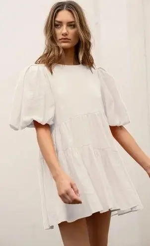 Moon River Bubble Sleeve Tiered Mini Dress in White