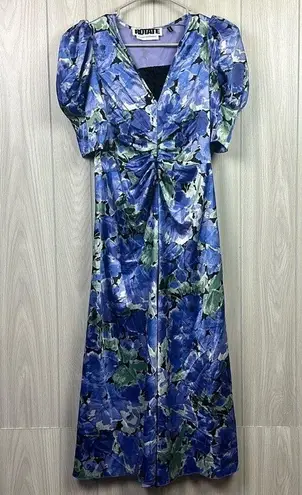 ROTATE Birger Christensen Sierina Womes Midi Dress XS Satin Puff Sleeve Blue