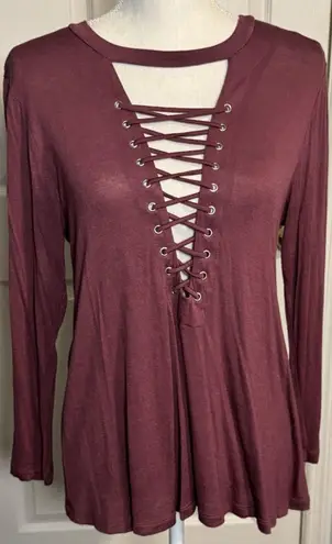 Active USA Plum Colored Long Sleeve Tee, Cross Front, Rayon/Spandex, L Purple Size L