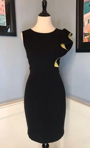 Black and Chartreuse Pencil Dress with Ruffle Detail Sz 8