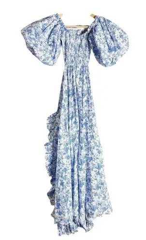 Caroline Constas Yara Blue Toile Floral Off Shoulder Puff Sleeve Maxi Dress S