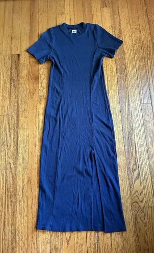 NSF Collins Ribbed Short Sleeve Crewneck Bodycon Midi Dress in Deep Sea Blue