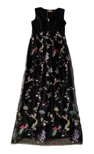 Carla Conti size large new black embroidered floral bird maxi formal dress