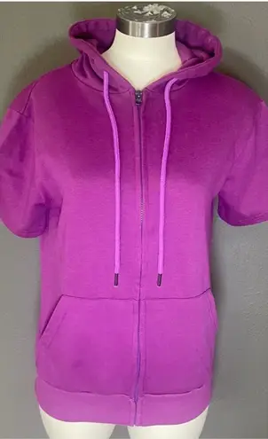 Givon S Purple Short Sleeve Zip Hoodie Sweatshirt Cotton Blend Kangaroo Pocket Purple