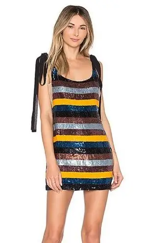 NBD NWT Suri, strapless,mini dress in striped sequins. Low back, ribbon straps L