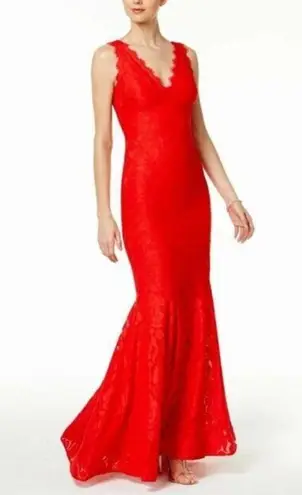 Betsy and Adam  Red Lace Mermaid Formal Maxi Dress Gown Sexy Romantic Feminine