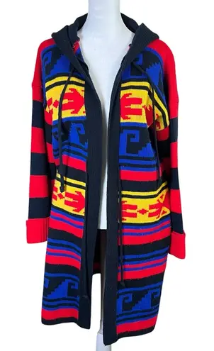 VTG 70s Colorful Long Knit Acrylic Sweater Southwest Aztec Retro Sz L Hood Boho Blue Size L