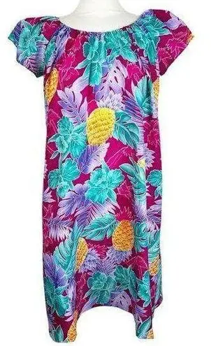 Hilo Hattie Vintage Pineapple Tropical Hawaiian Print Colorful Mumu Dress Size L Size L