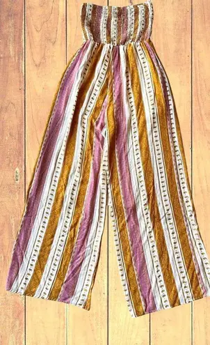 Peach Love California Jumpsuit Large Romper Strapless Smock Wide Legs H…