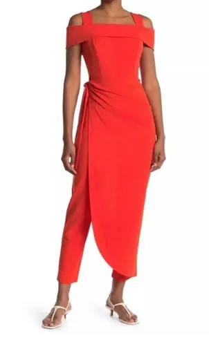 Marina Cold Shoulder Faux Sarong Waist Tie Overlay Jumpsuit Red Size 4 Red