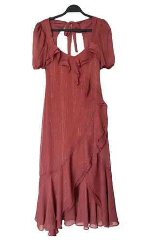 WAYF NWT Metallic Square Neck Puff Sleeve High-Low Open Back Faux Wrap Midi SM