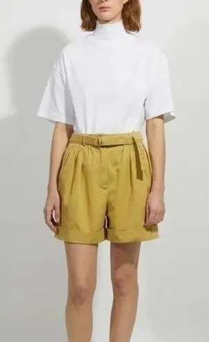 Acne Studios Rowanne Yellow Pleated Cuffed Hem High Waisted Belted Cotton Shorts
