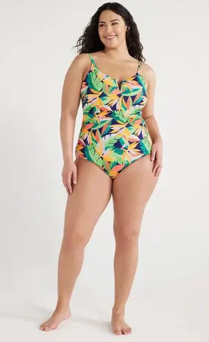 Time and Tru V Wire Detail One Piece Shirred Waist Tropical Swimsuit