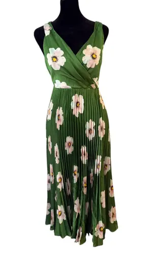 Mes Amies Green Floral Print Pleated Midi Dress Women Size 8 Garden Party Satin