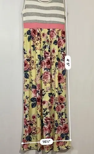Egs California Women’s Sleeveless Floral Stripe Maxi Dress Yellow & Grey NWOT