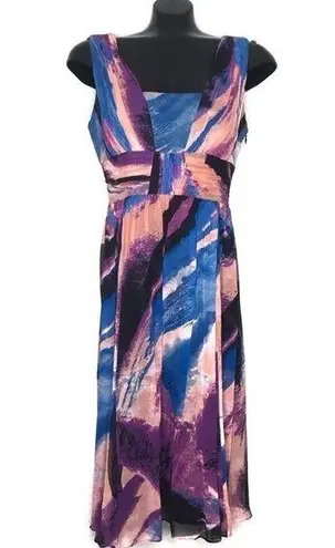 JAX multicolor watercolor silk chiffon dress with pleated bodice and flowy skirt Blue Size 6